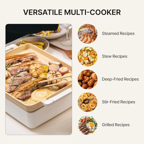 Dr.HOWS Doran Doran 3 in 1 Electric Skillet, Combo Multi Cooker, Rectangle Hot Pot Fryer Pan Griddle and Grill with Safe Nonstick Coating, Steady Heat, Glass Lid (yellow)