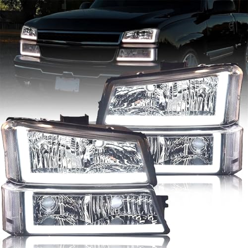JSBOYAT Fit for 2003-2006 Chevy Silverado Headlight Assembly 4pcs w/LED DRL 03-06 Avalanche w/Bumper Lights OE Style Replacement Chrome Housing with Clear Reflector