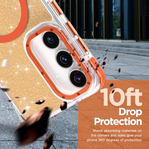 Image of Magnetic Case for Samsung Galaxy S25 FE 5G [Compatible with Magsafe] [Bling Glitter Fluorescent Design] [1 Screen Protector] Slim Translucent Matte Case for Galaxy S25 FE 5G 6.7 inch, Orange
