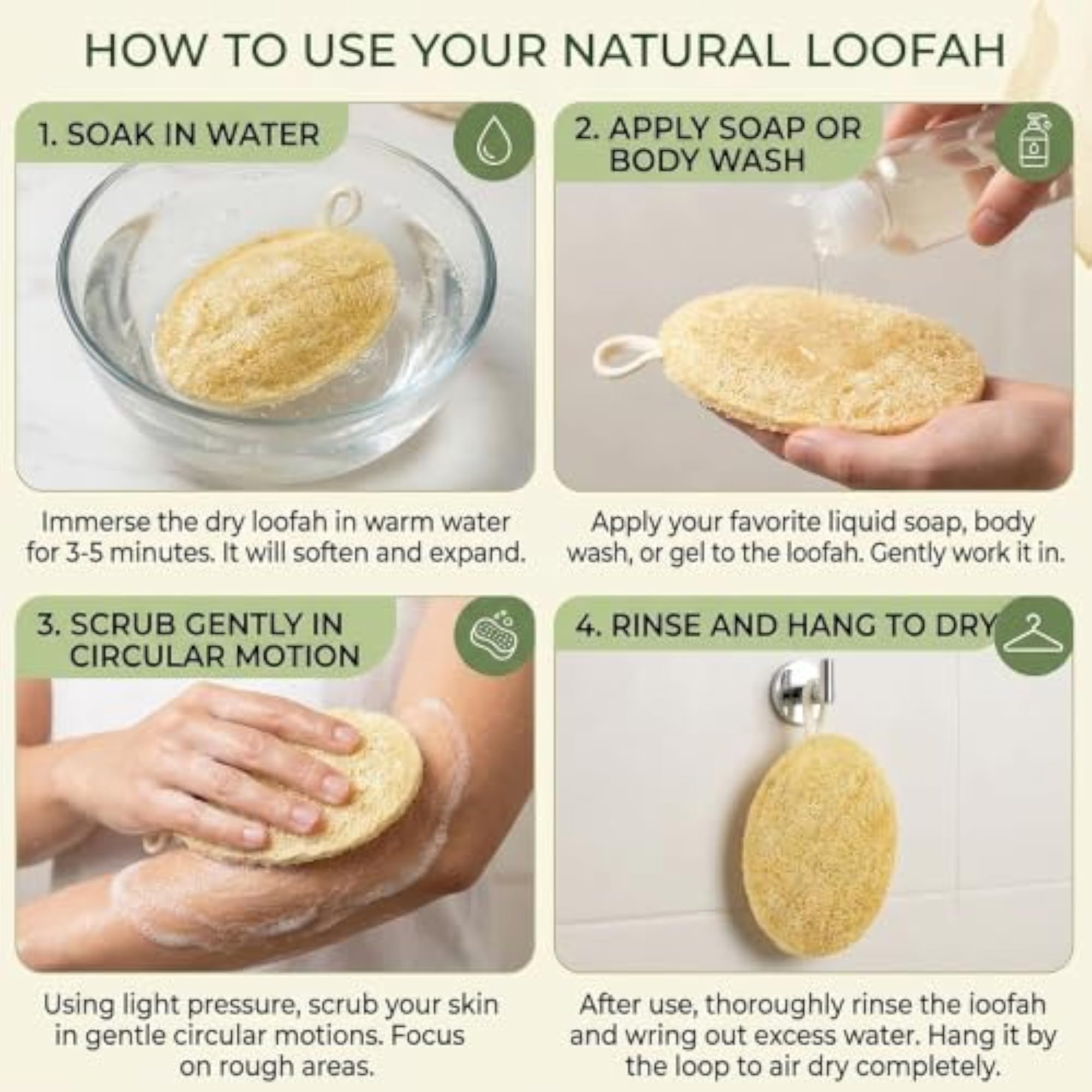 Natural Loofah Body Scrubber for Bathing, Oval Luffa Scrub Pad Pack of 2