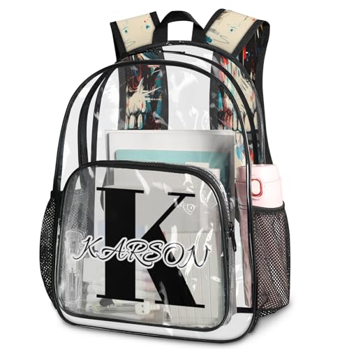 Personalized Small Clear Backpack Stadium Approved Heavy Duty PVC Plastic Custom Gothic Skull Transparent Backpacks See Through Bag with Name, Spooky Skeleton Bone