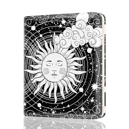 Image of Rouidr Womens Wallet, RFID Small Slim Wallet for Women, Cute Bifold Leather Pocket Credit Card Holder Ladies Mini Purse with Zipper Coin Pocket & ID Window, Abstract Sun