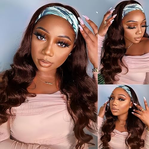 Celiarita Chocolate Brown Body Wave Headband Wig Human Hair #4 Colored Headband Half Wig Glueless Machine Made None Lace Front Wigs Brazilian Virgin Body Wave Headband Wigs For Black Women 14inch