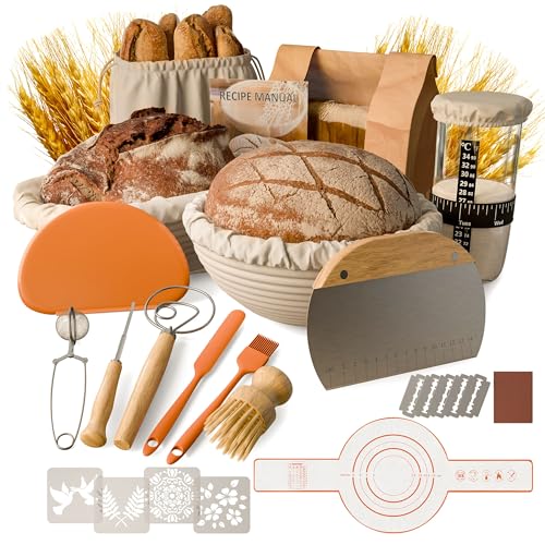 Mathbetock Brot Gärkorb Sauerteig Starter Set 25 cm & 23 cm Proofing Basket Bread Baking with Sourdough Starter Glass Bread Baking Starter Set Large Gift for Beginners Bakers