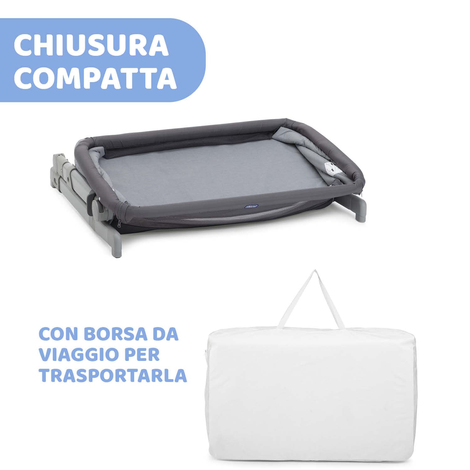 Chicco Next2Me Go Culla Neonato Fianco Letto, Compatibile con Diversi Letti, Altezza Regolabile, Buona Circolazione dell'Aria, culla da viaggio, lettino da viaggio, pieghevole, Grigio scuro