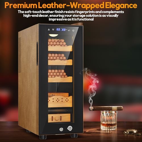 Image of 35L Upgraded Electric Humidor with Leather, 250 Counts Large Capacity,Thermostatic Electric Cooler Cabinet with Digital LED Screen, Safety Lock,Smart Humidity & Temp Control, Gifts for Men