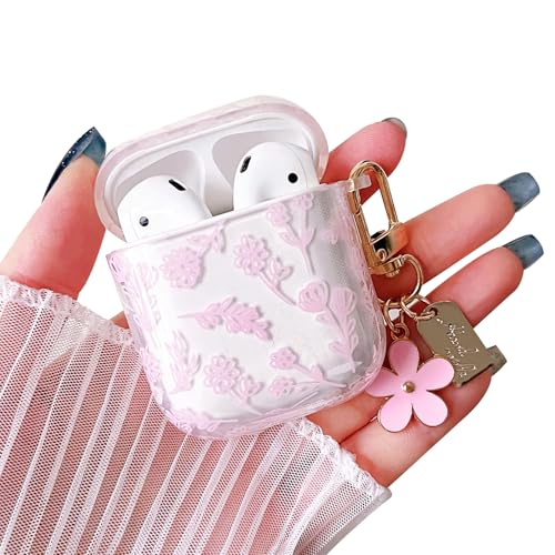 Image of MINSCOSE Compatible with AirPod 1&2 Clear Case,Cute Flower Floral Aesthetic Design with Flowers Keychain, Soft TPU Protective Shockproof Case for Women Girl for Airpod 1&2-Pink