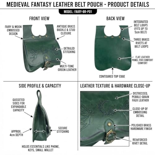 Riñonera medieval de piel verde hecha a mano para disfraces LARP 5