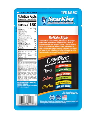 Image of StarKist Chicken Creations BOLD Buffalo Style, 5oz Pouch, 12-Pack | 21g Protein Per Serving, Fully Cooked White Meat, Gluten Free, No Draining, Ready to Eat for Salad and Sandwiches