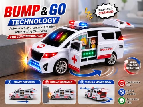 Image of TEC TAVAKKAL Bump & Go Toy Car with Lights & Music, Opening Front Doors, Sliding Side Door &Rear Trunk,360 Rotating Electric Rescue Vehicle, Educational Toy Gift for Kids (Ambulance Car Toy)