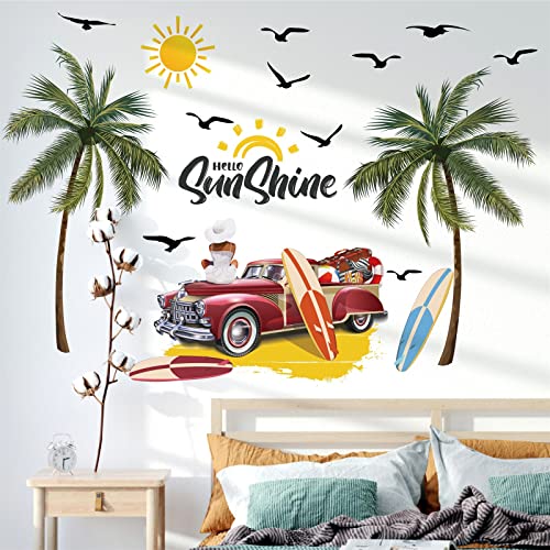 Palm Tree Wall Decals Tropical Wall Art Stickers Living Room Decor Vintage Coconut Tree Wall Decal Peel And Stick Sunshine Beach Wall Sticker For Bedroom Nursery Bathroom Kids Room Summer Supply Decor #TOP2