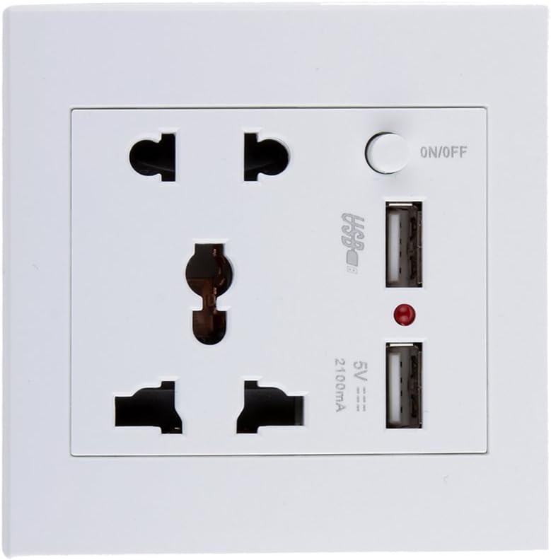 Imported White 2.1A 2 USB Wall Socket Charger Power Panel Receptacle 5 Outlet Switch