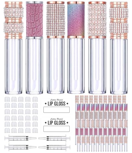 AMORIX 72pcs 5ml Diamond Lip Gloss Tubes with Wand Lipgloss Tubes Bulk Empty Rhinestone Lip Gloss Containers Bottles Crystal Lip Gloss Supplies Kit, 4 x Syringes + Labels for DIY Lip Gloss Base