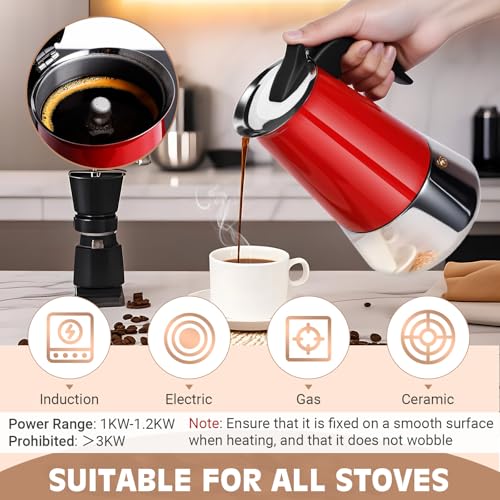 Image of 9 Cup Stainless Steel Moka Pot, 450ml Stovetop Espresso Maker, Red | 304 Stainless Steel Mocha Pot, Induction Compatible, Greca de Cafe, Cuban and Italian Coffee Maker