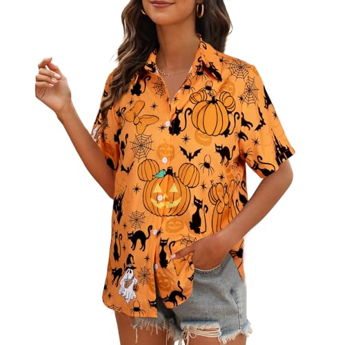 Womens Halloween Hawaiian Shirt Cute Pumpkin Spooky Castle Graphic Tee Magical Halloween Short Sleeve Button Up Tops3