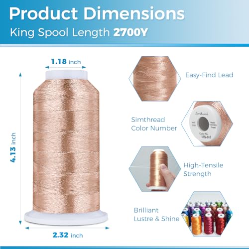 Image of Simthread 2700 Yards Metallic Embroidery Machine Thread - Light Copper MS-018, 40wt High-Sheen King Spool, Smooth Running & Break Resistant for Commercial & Home Embroidery Machines