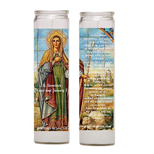 Saint Genevieve Patron of Paris in The Roman and Orthodox Traditions Set of Two 2 Glass Candles with Prayer