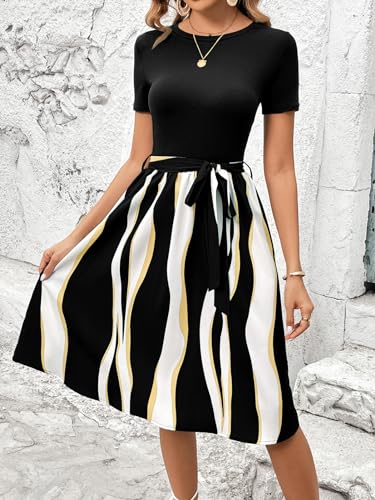 Image of Women's Elegant Vintage Round Neck Short Sleeve Summer Casual Work Party A-Line Dress with Belt 809