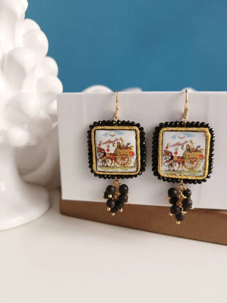Orecchini Siciliani con Mattonelle in Ceramica di Caltagirone e Pietra Lavica