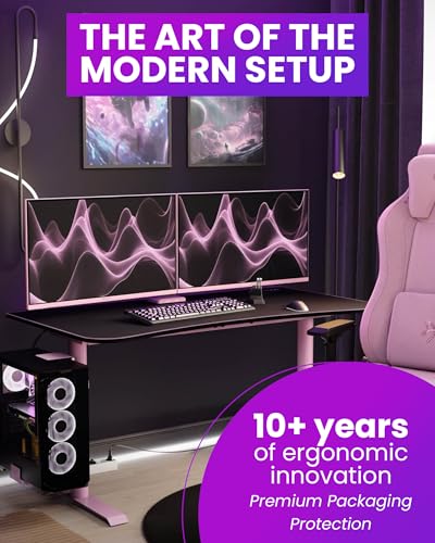 Image of Arozzi Arena Medium Gamer Desk - 55x30 inch Steel Frame PC Gaming Desk with Storage for Cables & Dual-Monitor Support - Full-Surface Washable Mousepad - Pink