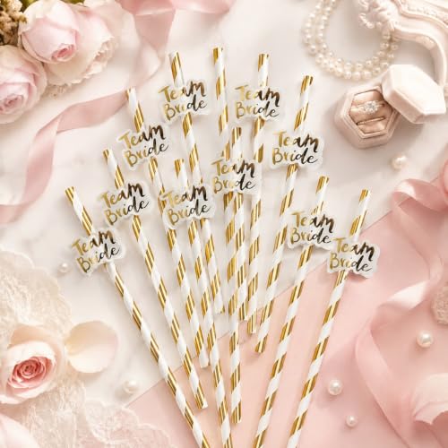 Image of Wanna Party Team Bride Straws Set of 10 | White & Gold Paper Straws with Team Bride Tags | Bachelorette Party Decorations, Bridal Shower Accessories, Hen Party Drink Straws