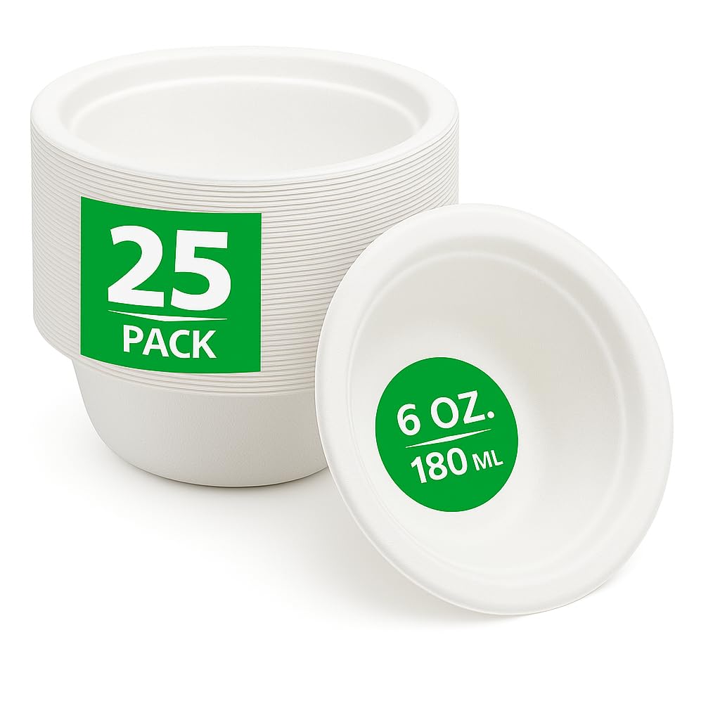 BBliss 6oz (180ml) Compostable Bowls – 25 Pack | Eco-Friendly Heavy-Duty Sugarcane Bagasse | Biodegradable & Food Safe | Disposable Serving Bowls for Soup, Nuts, Dessert, Salad, Snack, Ice Cream