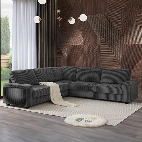 Image of Corduroy Sectional Couch for Living Room, Oversized L Shaped Couch, Modular Corner Sofa with Storage USB Ports and Cup Holders for Living Room, Bedroom and Apartment, Grey
