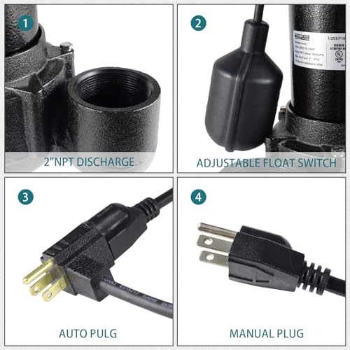 Image of WASSERMANN 1 /2 HP Sewage Pump with Auto Float Switch, 115V 5300 GPH Cast Iron Submersible Sewage Pump, Sump Pump for Basement Sump Basin Sewage Well 2 inch NPT Discharge with 10 FT Cable