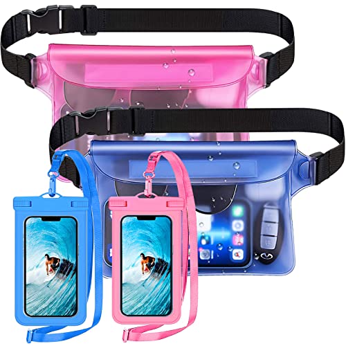 2 Packs Universal Waterproof Phone Pouch and 2packs Large Phone Waterproof Dry Waist Pack IPX8 Outdoor Hiking Beach Water Sports Floating Swimming Boating Kayaking Fishing(Blue+Pink) -  Favoby, waterproo-02