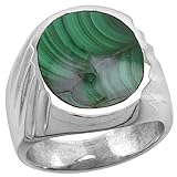 Sterling Silver Malachite Ring for Men Large Oval Flat Solid Back Handmade, Size 11