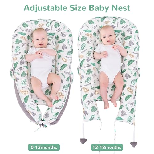 Image of Baby Lounger - Baby Lounger for Newborn 0-24 Months Infant Lounger for Home and Travel Soft Cotton Baby Nest Lounger Newborn Babies Essentials Gifts Green Feather (Lounger Cover Included)