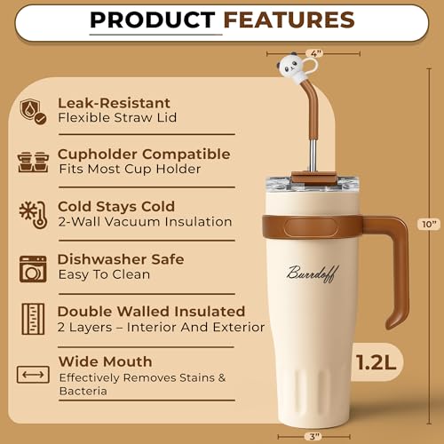 Image of Insulated Tumbler with Straw Lid and Handle (1200 ML) Double Wall Sipper Water Bottle for Adults, Tumbler Bottle with Straw (Almond Quartz, 1200 ML, with Panda Straw Coverr)