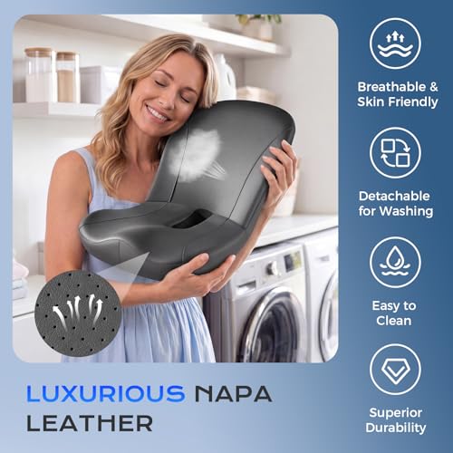 Image of Coverado Car Seat Cushion and Lumbar Support Pillow One Piece, Napa Leather Memory Foam Ergonomic Back Support Driving Seat Cushion for Back Pain, Non-Slip Washable Cushion for Car, Driver, Office