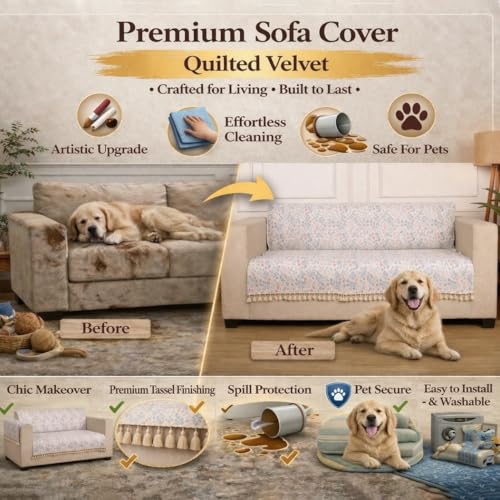 Image of STITCHNEST Quilted Velvet Sofa Cover with Tassels - 48x60 Inch, Grey & Ivory Zigzag Design, Soft & Stylish, Washable Sofa Protector for 2-Seater