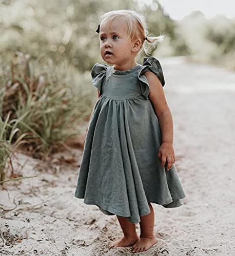 Goodplayer Toddler Baby Girl Dress Summer Cotton Linen Ruffle Halter Sleeveless Kids Casual Beach Party Dresses 1-6 Years (Grey Green,4_Years) #TOP1