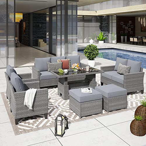 Sunsitt Outdoor Patio Furniture Set 7 Piece Wicker Conversation Set With Lift Coffee Table Sectional Dining Set 3 Seat Sofa Couch With Loveseat Ottoman, Grey Wicker & Grey Cushion #TOP7