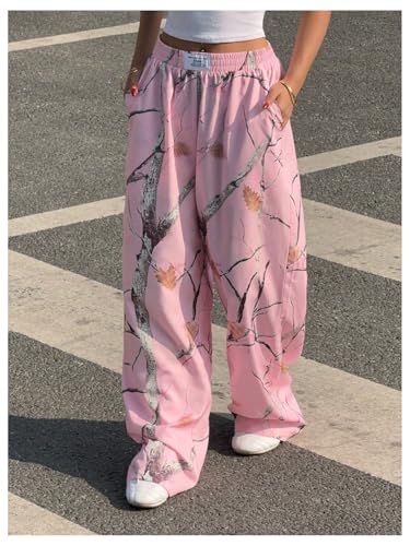 Women's Plus Size Camo Branch Print Baggy Pants Elastic Waist Wide Leg Sweatpants Causal Trousers with Pockets3