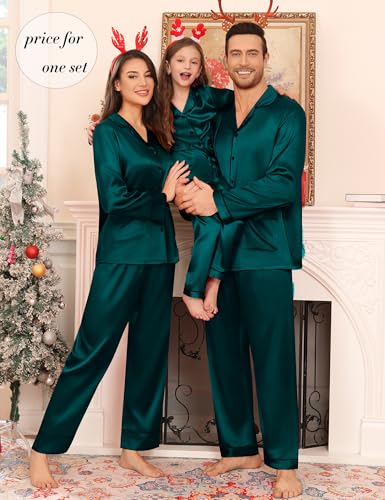 SWOMOG Matching Family Pajamas Set Women & Men & Kids Silk Satin Pjs 2 Pcs Long Sleeve Button Down Sleepwear with 2 Pockets2