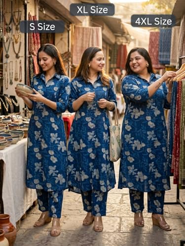Image of Leriya Fashion Women's Cotton Printed A-Line Kurti Pant Set | Abstract Leaf & Floral Kurta with Trouser Pant | Casual Ethnic Co-ord Set for Women Stylish | Elegant Anarkali Style Tunic Kurta Set