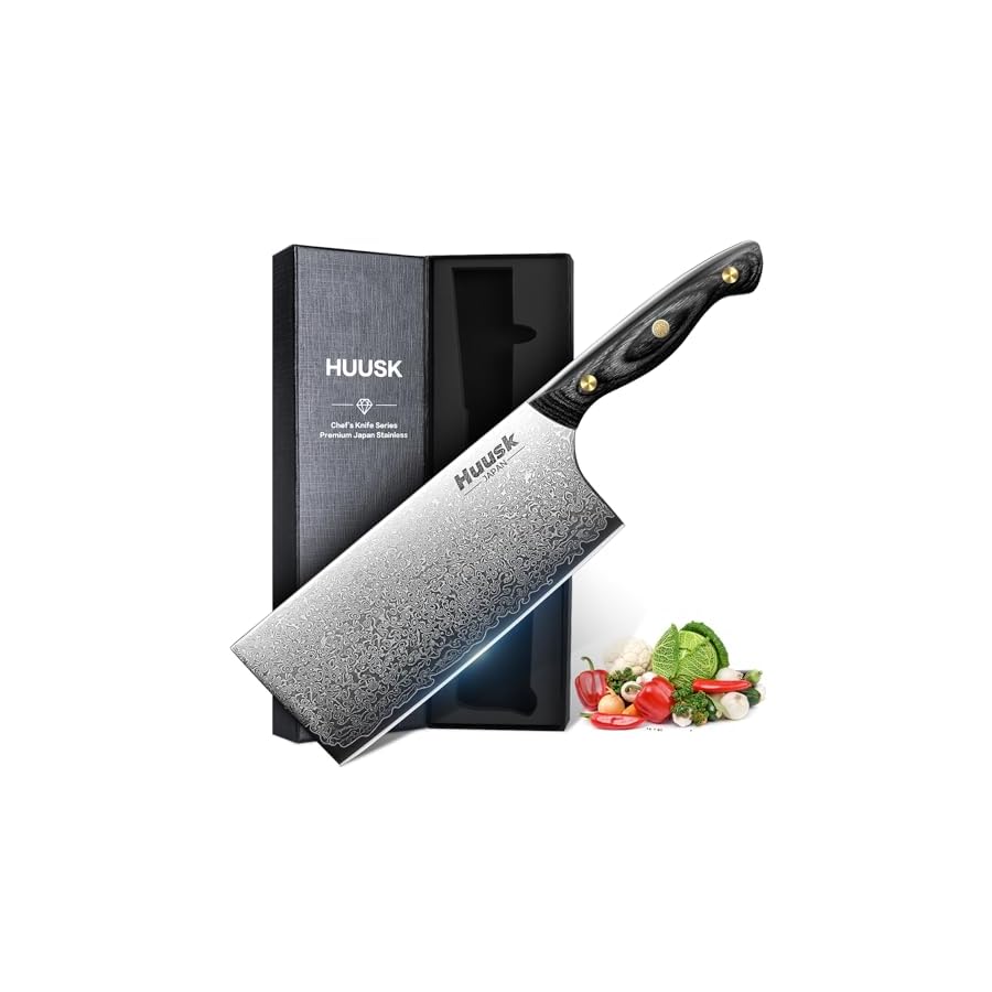 Huusk Damascus Cleaver Knife 7 inch, VG10 Butcher Knife for Meat Cutting, Kitchen Knife with Wood Handle for Chopper Vegetables Hand Forged Chooping Knife, Birthday Dad Mom Gift