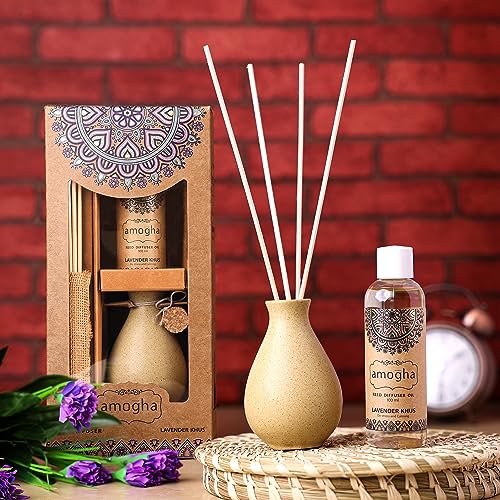 Image of IRIS Amogha Lavender Khus Reed Diffuser | 100ml Oil + 8 Reed Sticks | Decorative Ceramic Pot | Smoke-Free Home Fragrance | Ideal for Gifting