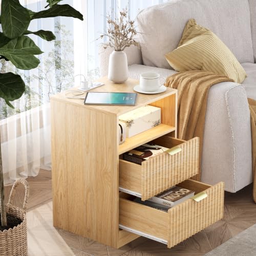 Image of Wodeer Fluted Nightstand Set of 2, LED Nightstand with Charging Station, Wood Nightstands with 2 Drawers & Metal Handles, Modern Bedside Table & End Tables, Farmhouse Night Stands for Bedroom, Natural