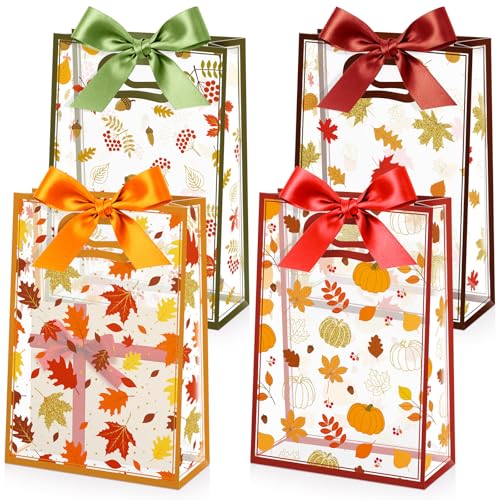 Capoda 24 Pcs Fall Gift Bags Bulk Autumn Plastic Party Favor Bags with Die Cut Handles Reusable Fall Harvest Pouch with Ribbon for Autumn Harvest Thanksgiving Party Decor Supplies
