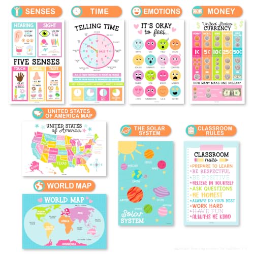 Image of Hadley Designs 16 Educational Posters for Classroom Must Haves - Laminated Pre-K Posters for Toddler Homeschool Essentials, Toddler & Preschool Learning Activities, Kindergarten Classroom Decor