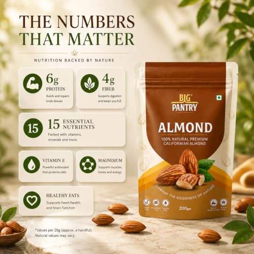 Image of Big Pantry Premium California Almonds 200g | Natural Whole Badam Rich in Protein & Fiber | Crunchy Dry Fruits for Healthy Snacking | Resealable Freshness Pouch | Pack of 5