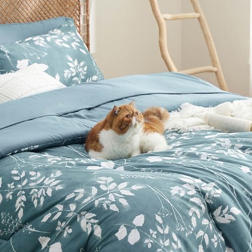 Image of Bedsure Full Size Comforter Set - 7 Pieces Floral Mineral Blue Soft Bedding Sets, Full Bed in a Bag with Botanical Flowers Comforter, Sheets, Pillowcases & Shams