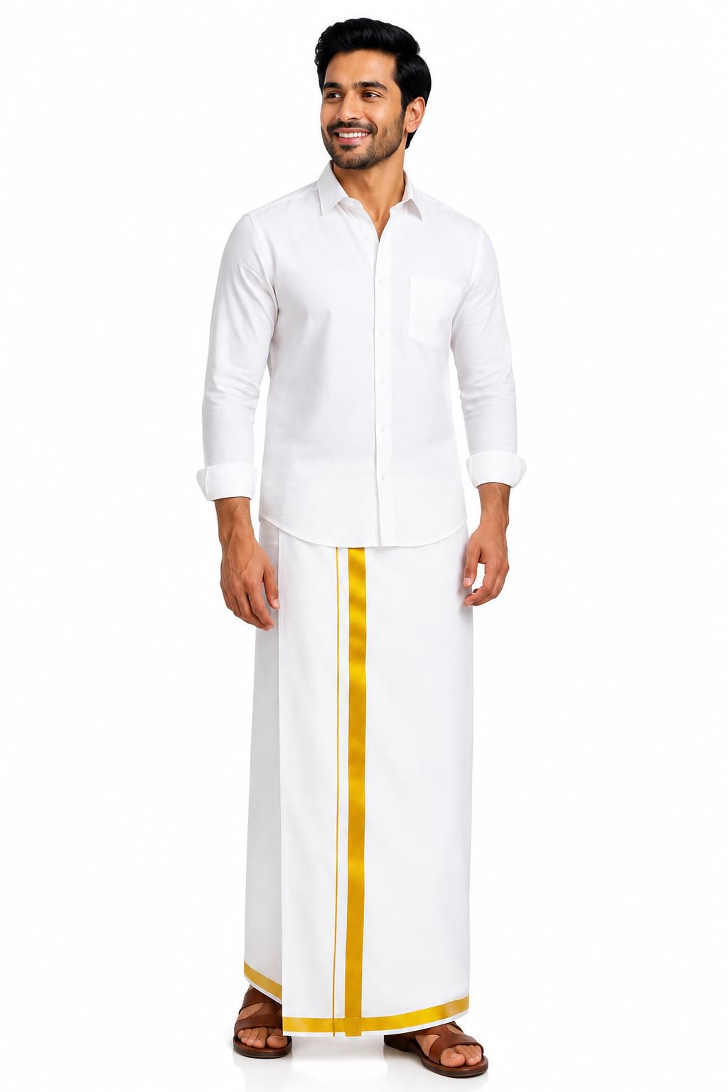 sri raajam textiles Men's 100% Pure Cotton White with Gold Zari Lungi/Dhoti, 2 Metres Size Single Lungi/Dhoti - (Pack of 1)-picture-29