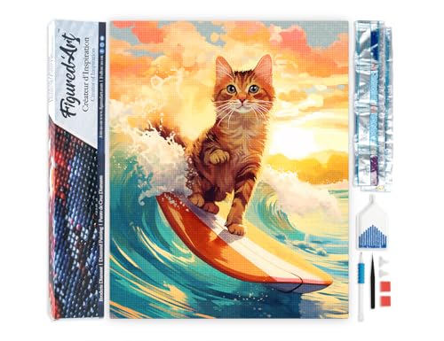 Broderie diamant 40x50cm chat surfeur sans pli avec strass carrés