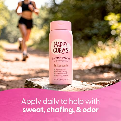 Image of HAPPY CURVES Comfort Powder: Talc Free Anti Chafe Body & Foot Dusting Powder Deodorant to Control Inner Thigh Chafing, Private Areas, and All Over Body for Women (4 Ounce (Pack of 1), Fragrance-Free)