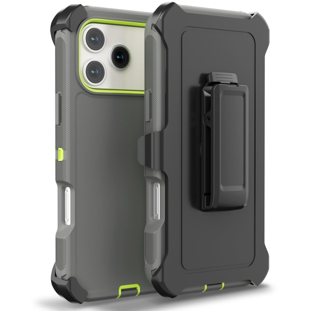 Generic Funda compatible con iPhone 17 Pro (color: verde más gris oscuro) triple capa de silicona dura para soporte de clip